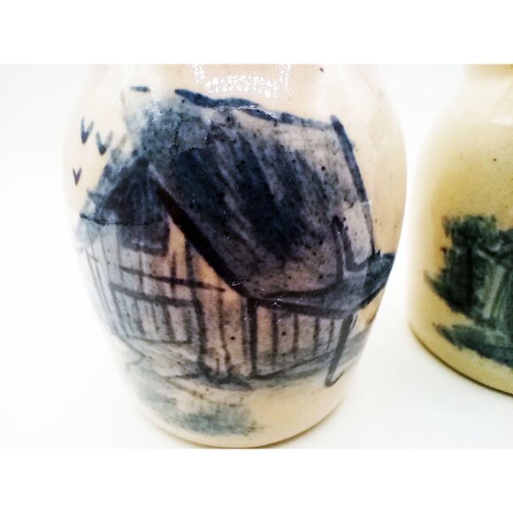 Salt & Pepper Shakers Pottery Stoneware Country Style Barn Scene Vintage 80s 3" - Picture 5 of 12